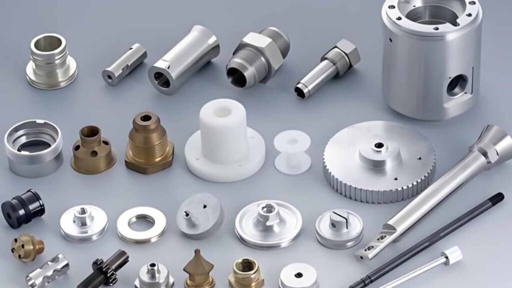 Assortment of CNC turned parts made from various materials, including metal and plastic, featuring cylindrical components, gears, and threaded fittings, arranged on a gray surface.