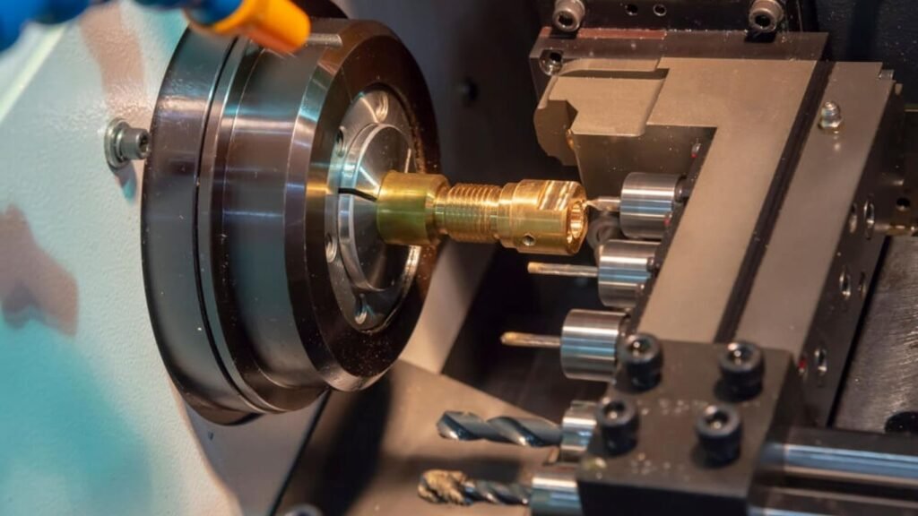 Close-up of a CNC turning machine shaping a cylindrical metal workpiece, with a cutting tool positioned against the rotating material, producing fine metal shavings.