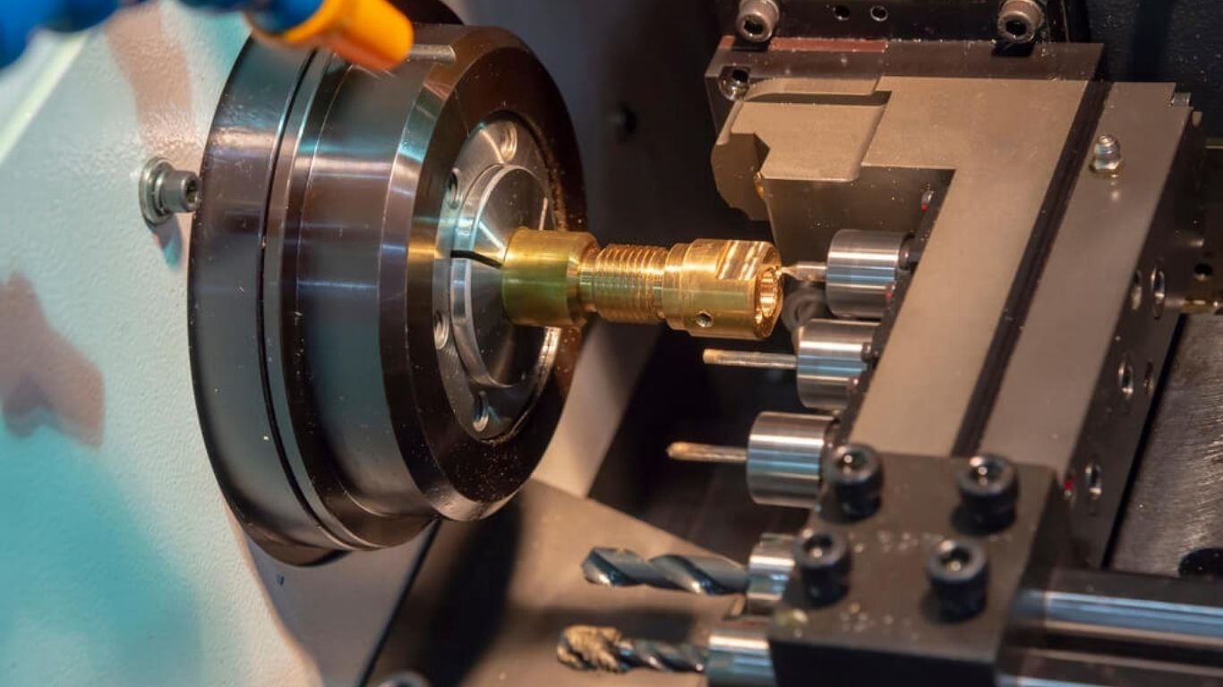 Close-up of a CNC turning machine shaping a cylindrical metal workpiece, with a cutting tool positioned against the rotating material, producing fine metal shavings.